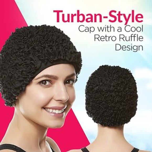 Beemo Women’s Swim Bathing Cap Turban Polyester Lined Ruffled Shower Cap - Black - Picture 3 of 7